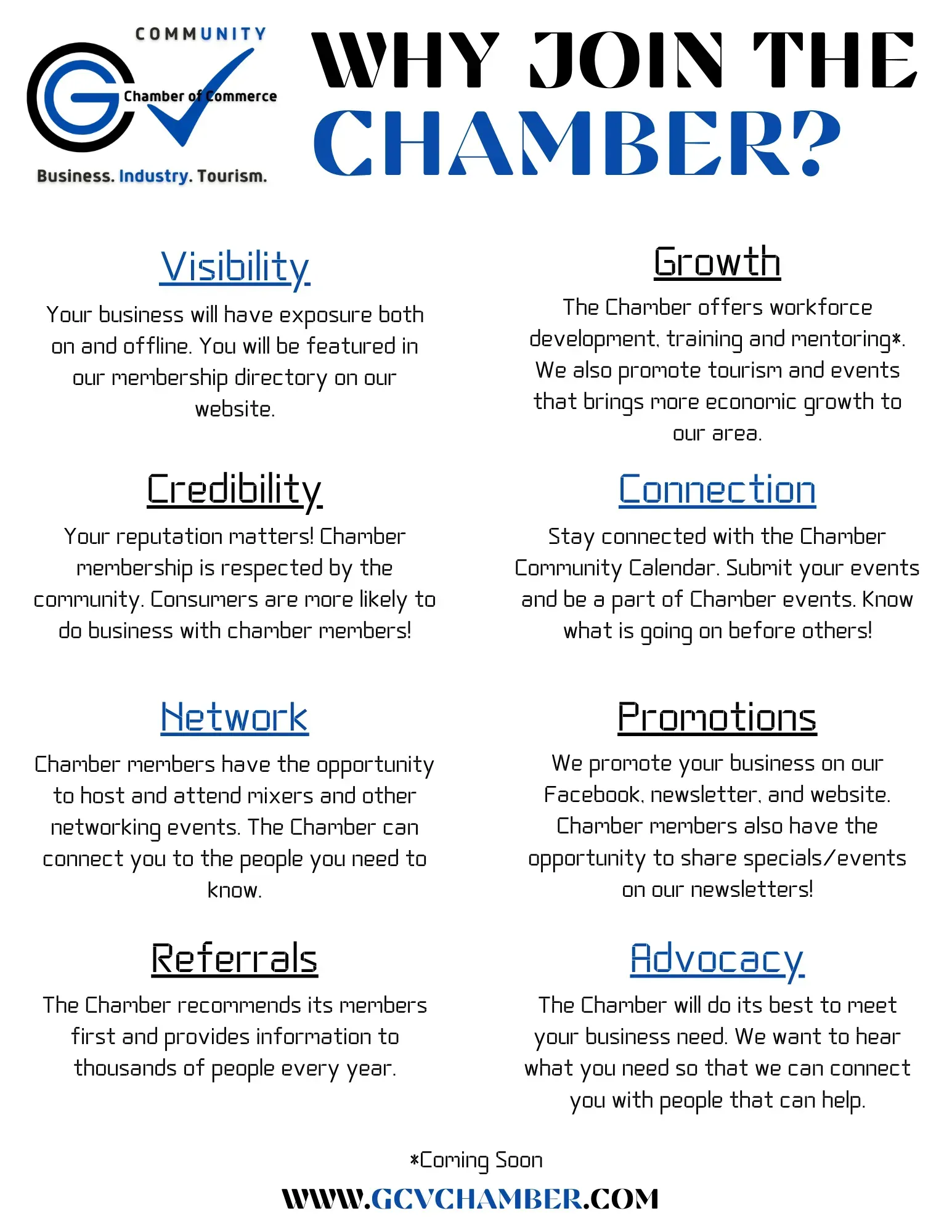 Flyer: Why Join the Chamber. Benefits include visibility, growth, credibility, connection, network, promotions, referrals, advocacy.