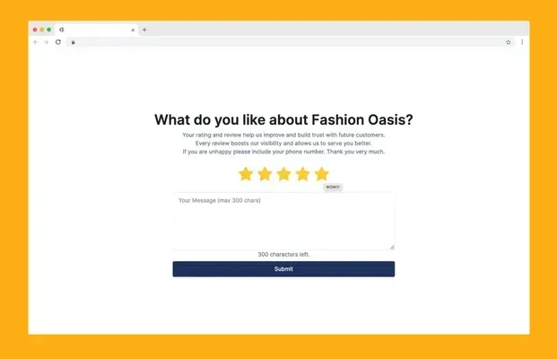 Feedback form for Fashion Oasis: text fields, star ratings, and a submit button.