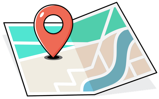 Folded map with a red location pin marker and blue river route
