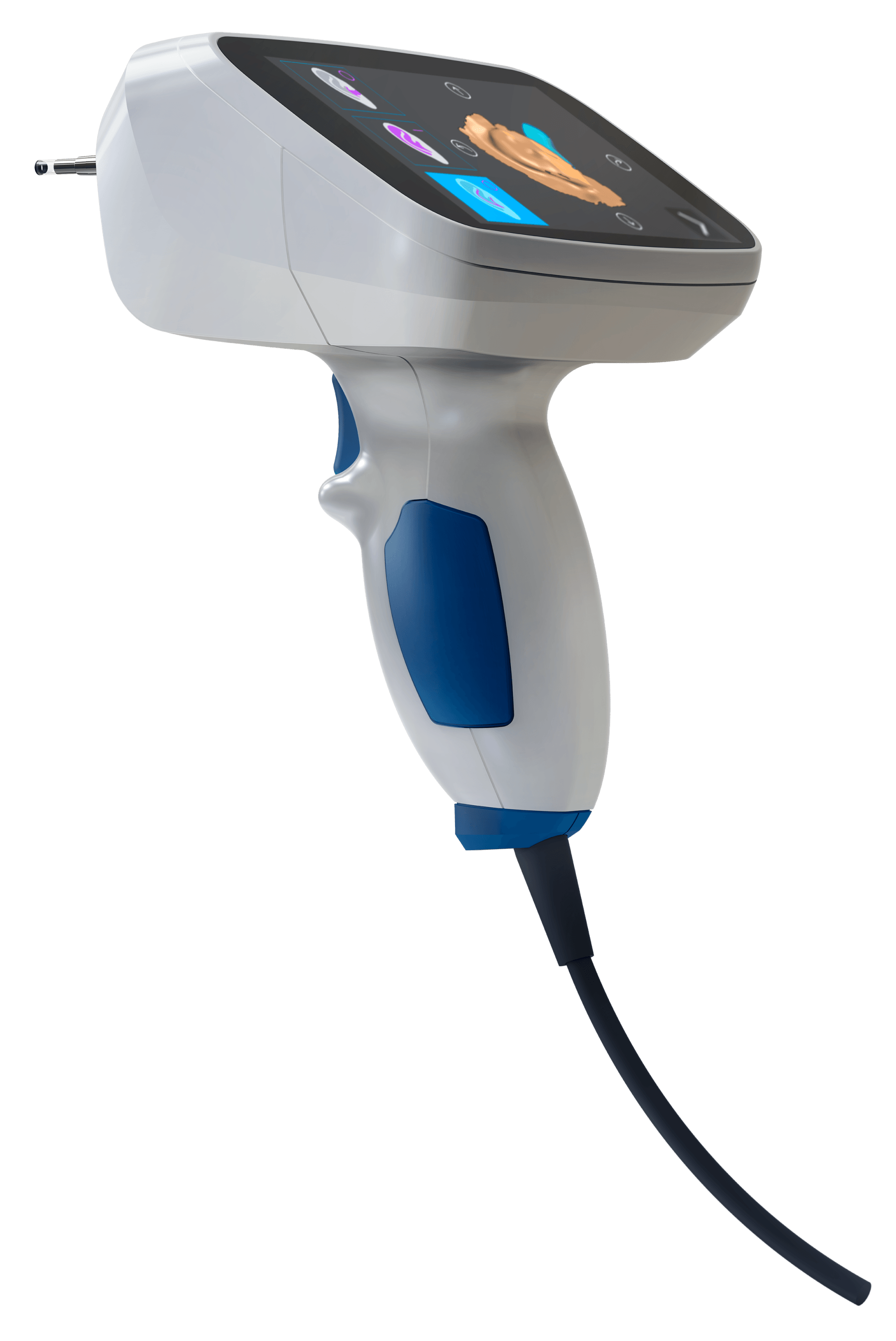 A white and blue device with a cord attached to it.