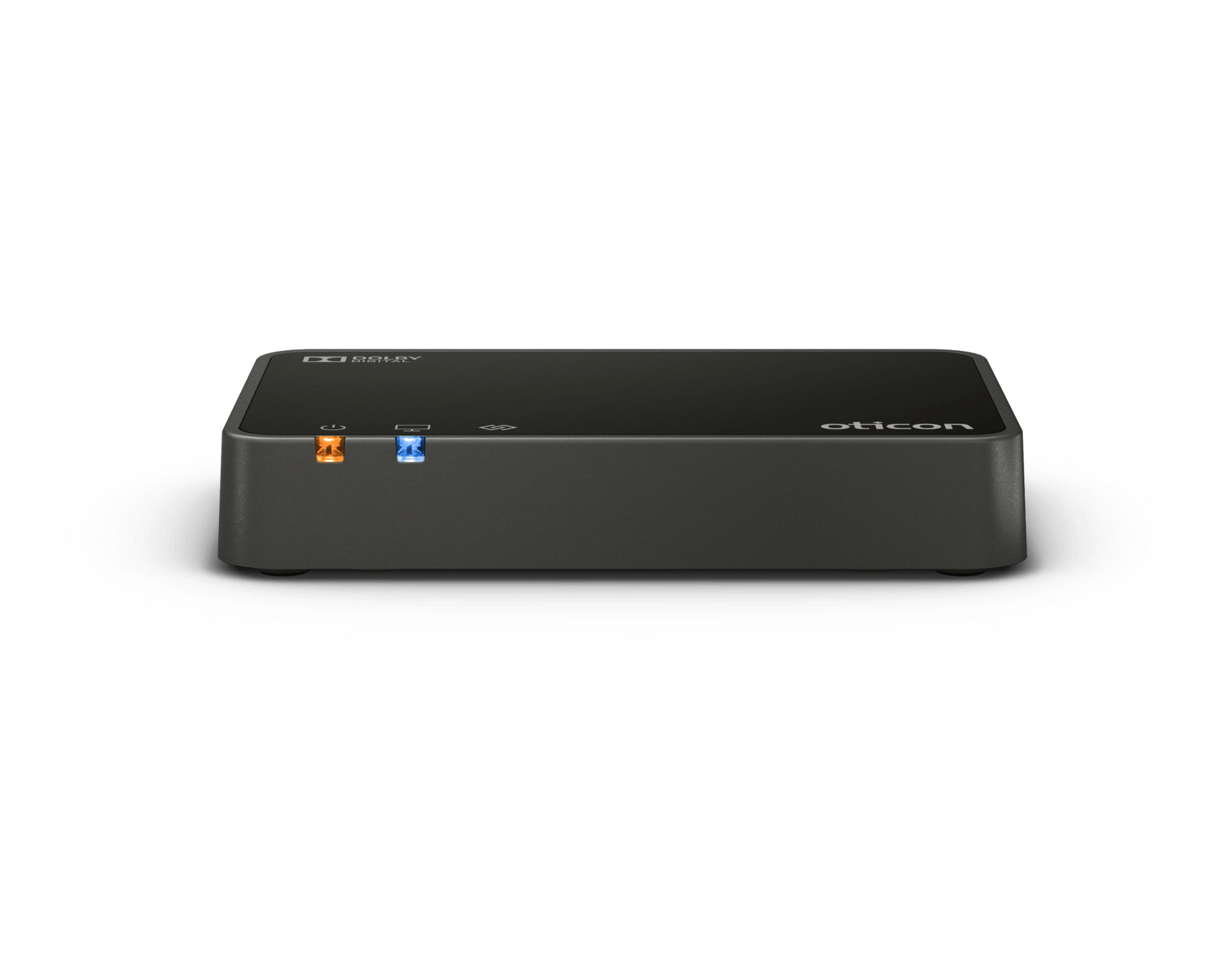 A black box with two lights on it is sitting on a white surface.