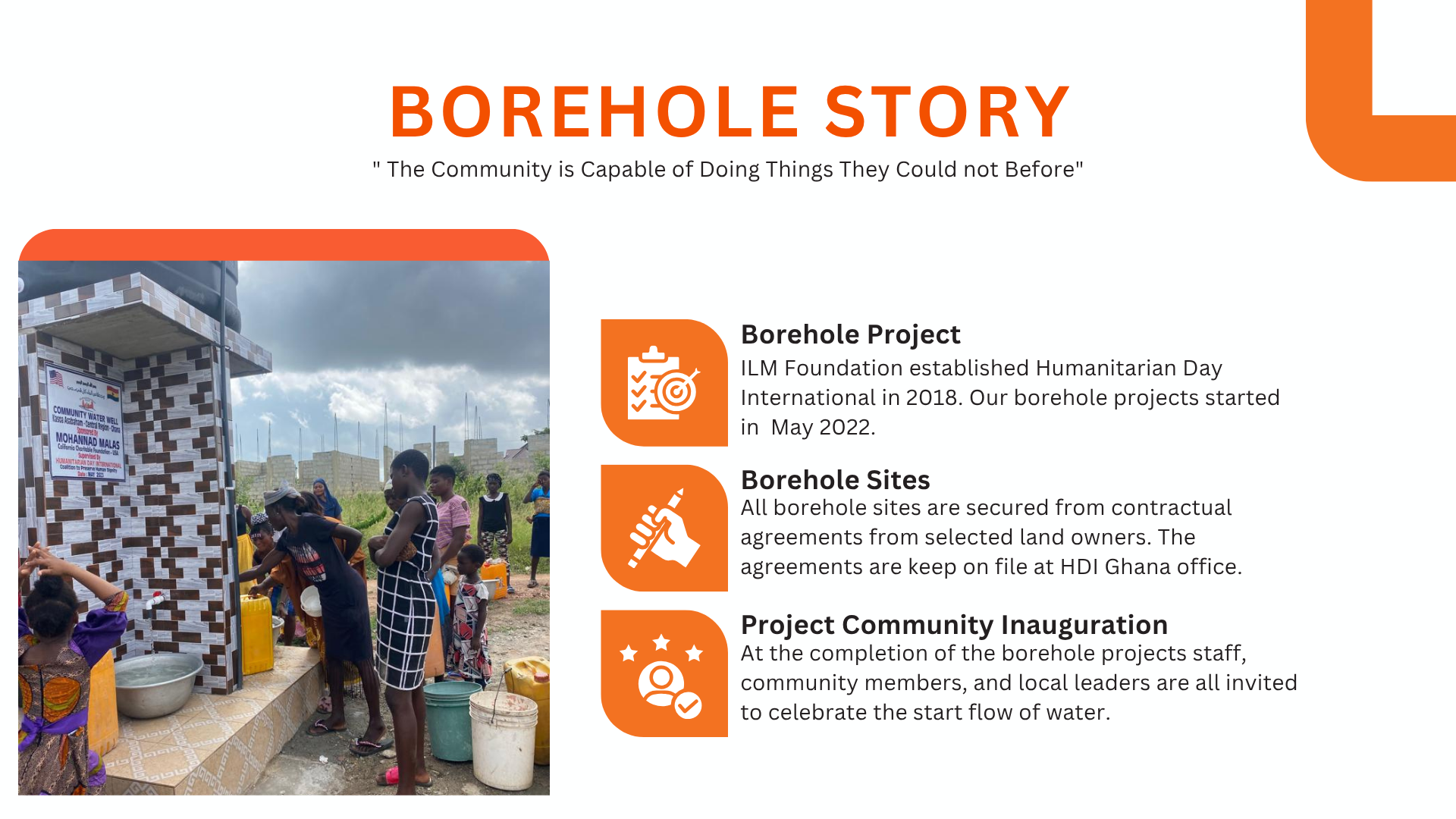 People filling water containers at a borehole. Text:
