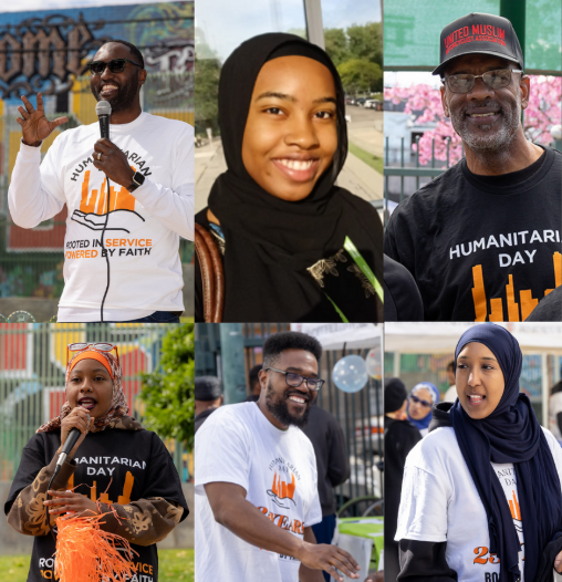 Six diverse people smiling, wearing Humanitarian Day shirts at an outdoor event.