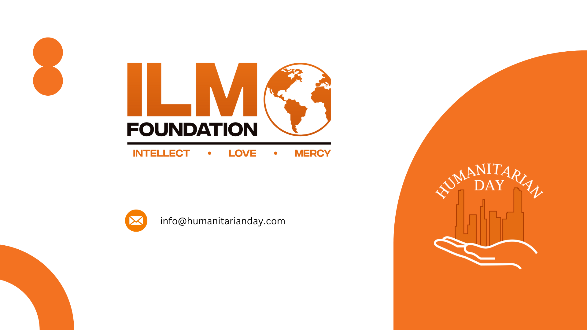 ILM Foundation logo with globe, orange accent, and text promoting Humanitarian Day.