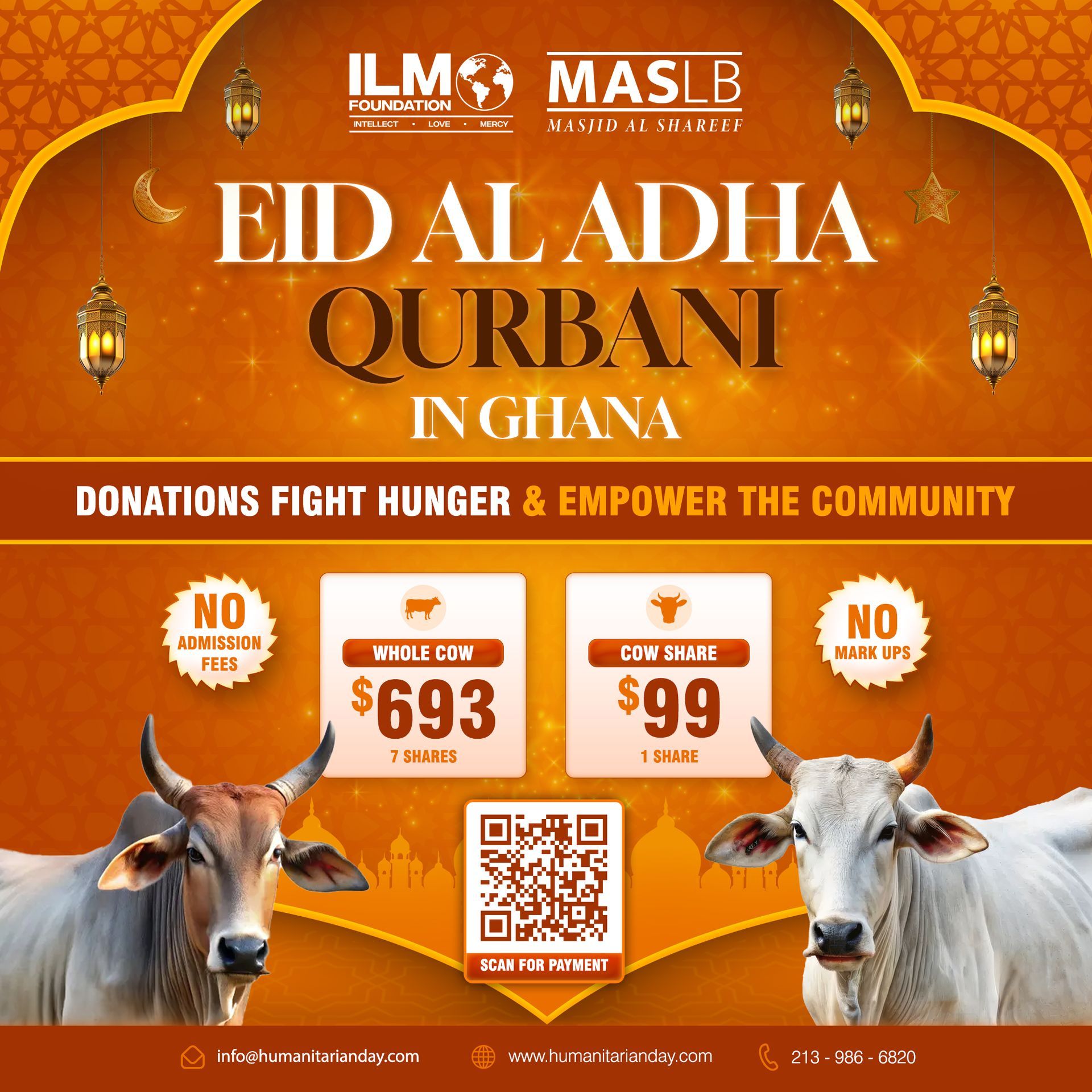 Two women standing in front of a sign that says id al adha qurbani