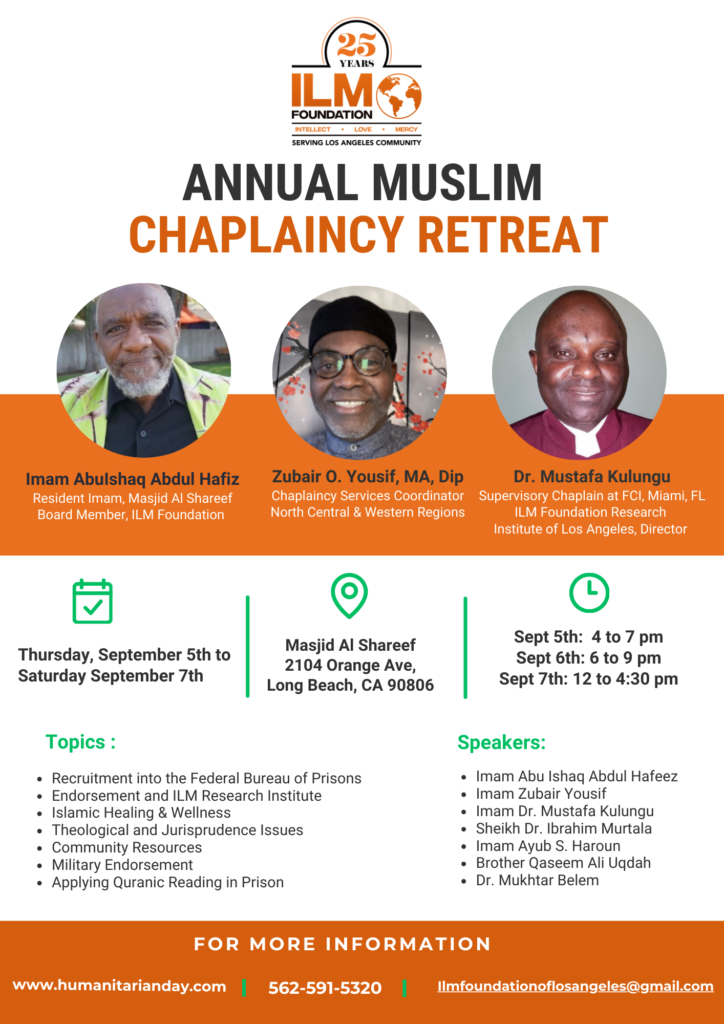 Flyer for Annual Muslim Chaplaincy Retreat in Long Beach, CA with speaker portraits, event details, and sponsors.