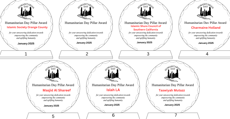 Seven Humanitarian Day Pillar Awards with recipients: Islamic Society, TV, Islamic Center, Charlemagne, Masjid, ISNA, and Tawsif.