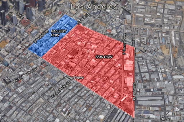Aerial view of Los Angeles, with red-highlighted area labeled