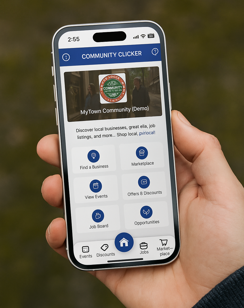 A hand holds a smartphone displaying the Community Connect app interface with navigation icons against a blurred background.