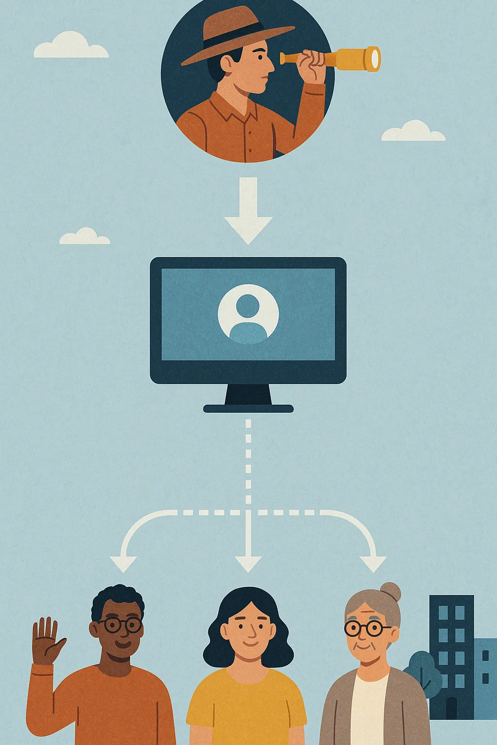 Person looking through telescope; data flows to a screen with a profile icon, then to three people.