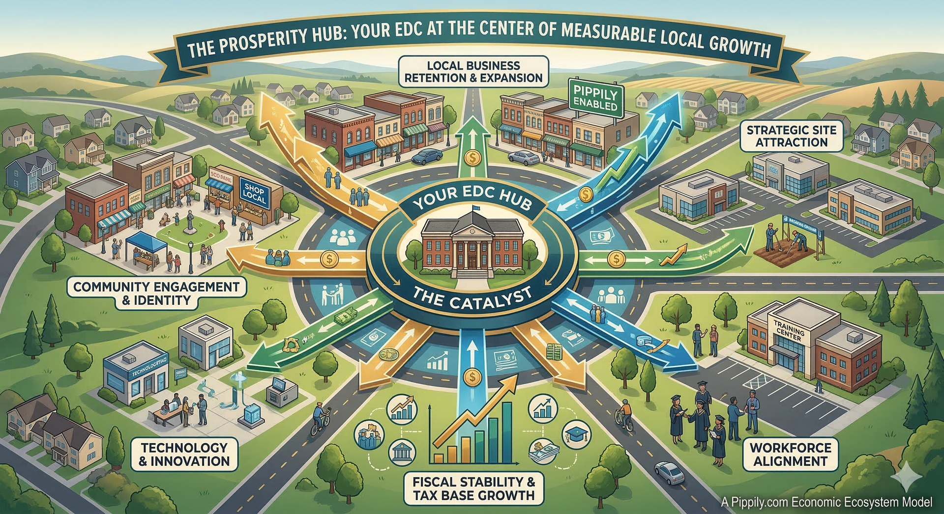 An illustrated infographic showing a central library as a catalyst for local growth, with arrows branching into town sectors.