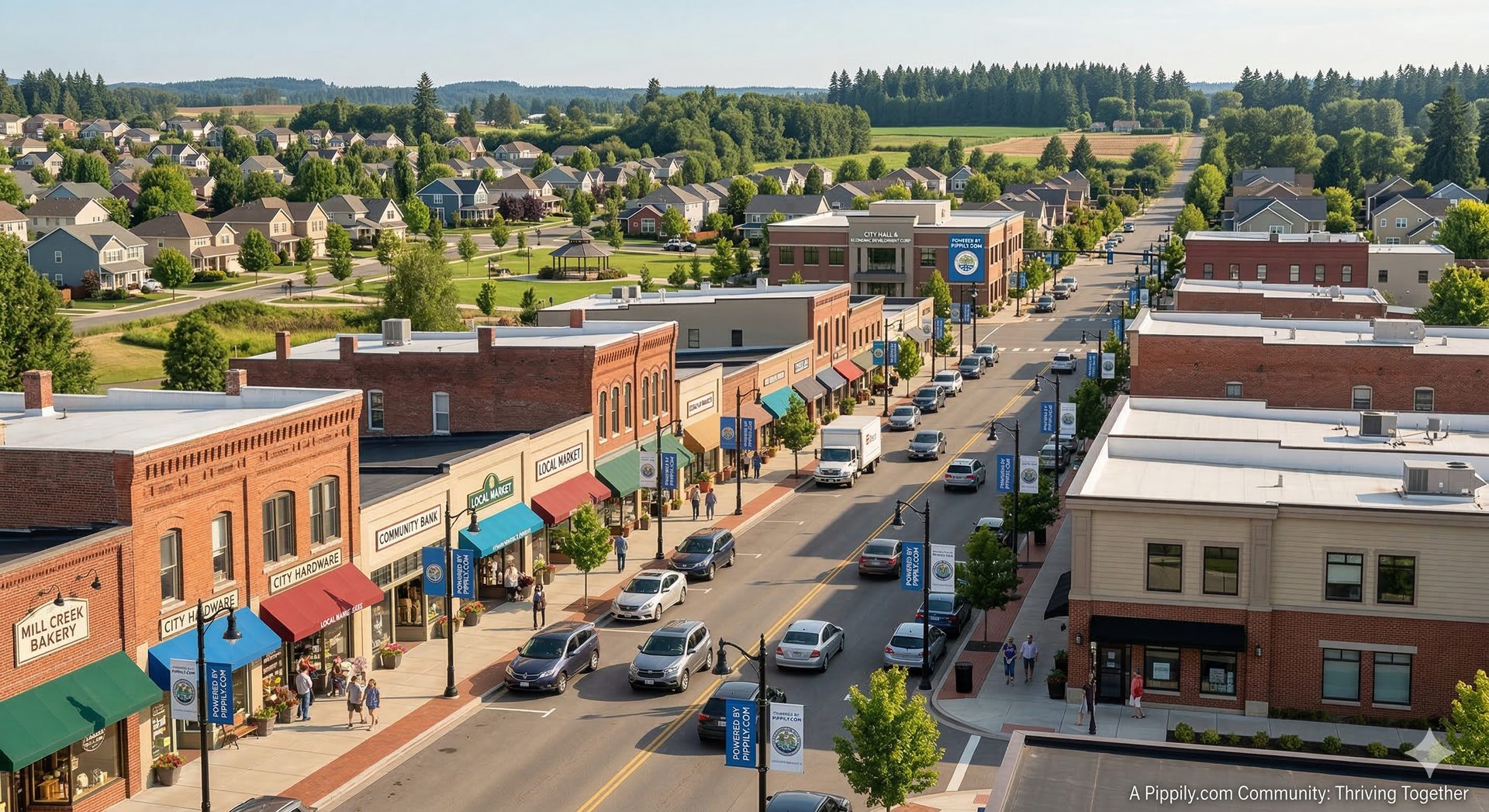 An aerial view of a quaint town street lined with historic brick buildings, shops, and cars, leading to a residential area.