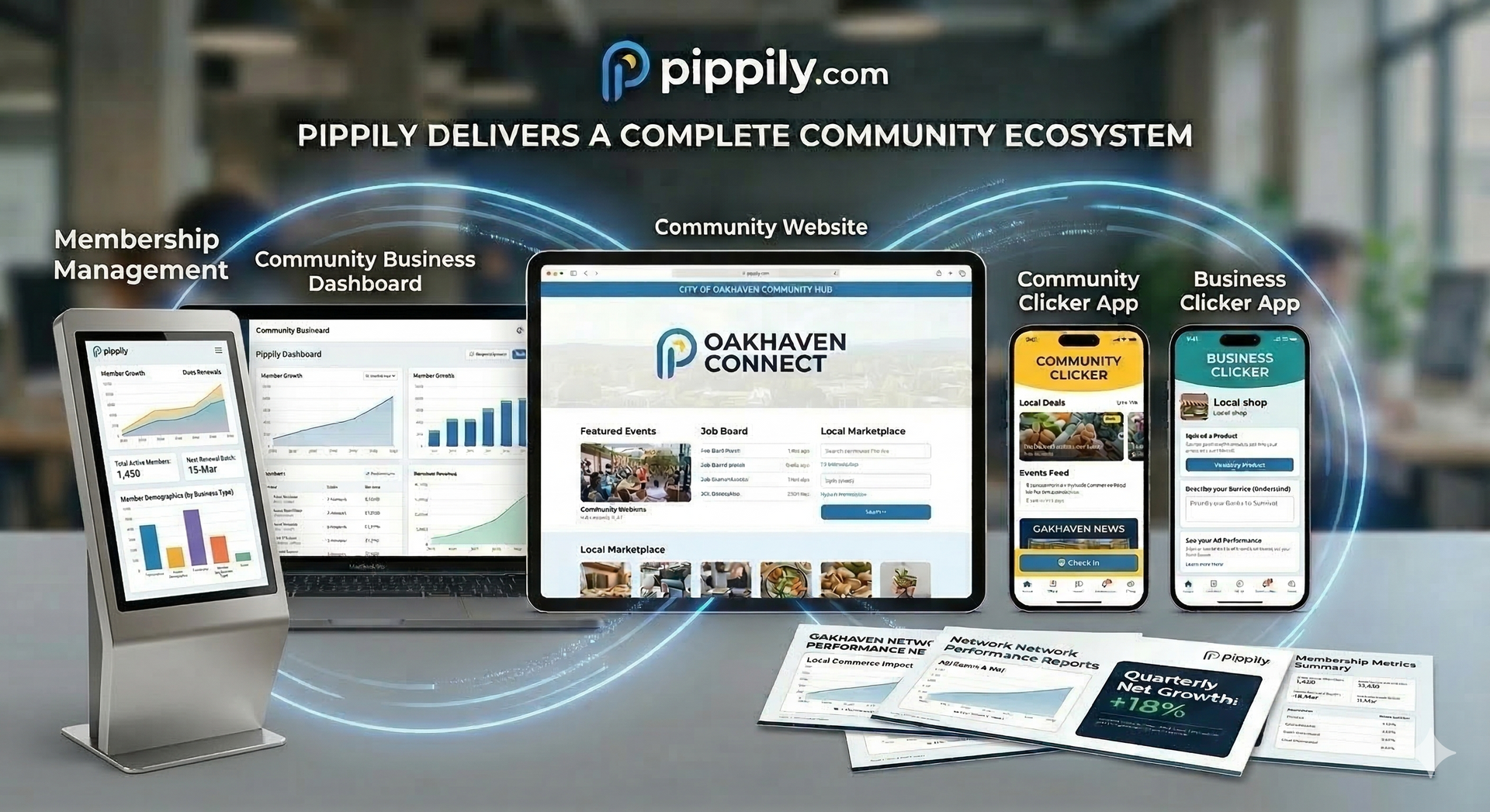 A marketing graphic showing the Pippily community software ecosystem, featuring devices displaying dashboards and apps.