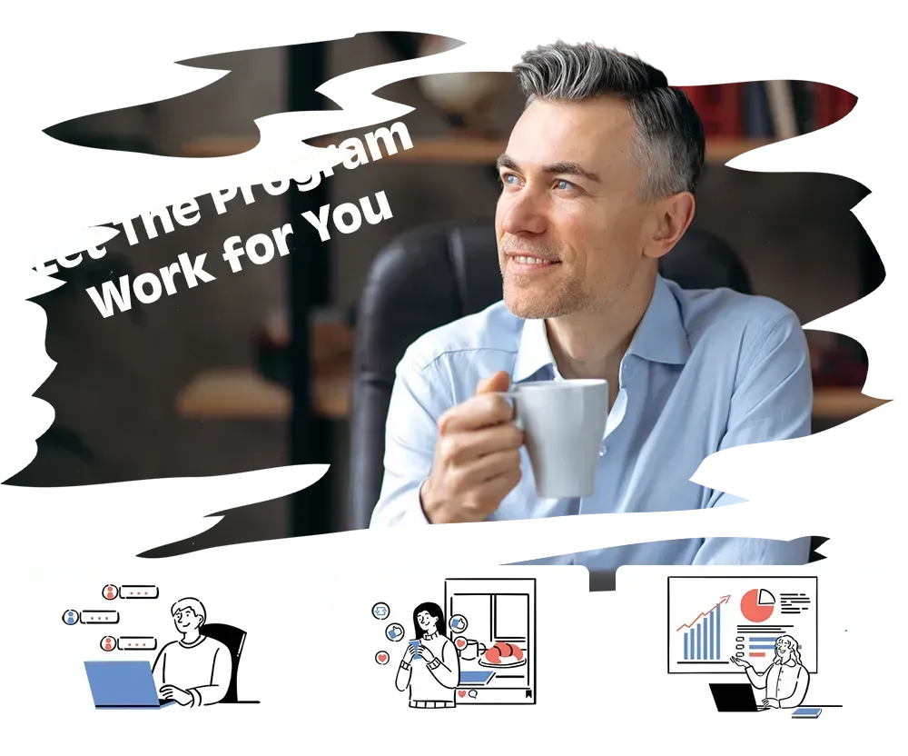 Man holding a mug, looking out window, with graphics of people working on computers and graphs. Text: