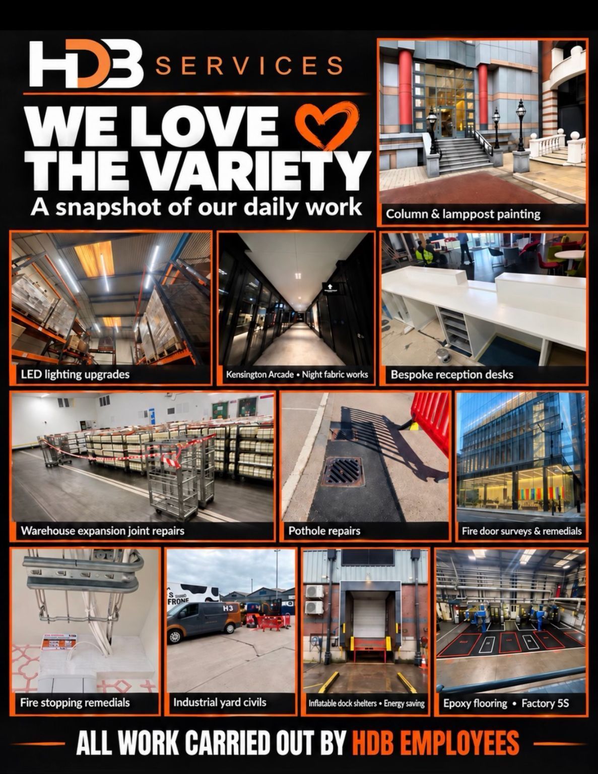 HDB Services collage of recent work: LED lighting, dock shelters, epoxy floors, fire stopping and civils