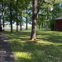 Shaded park lawn with tall trees, a paved path on the left, and a brick building on the right.
