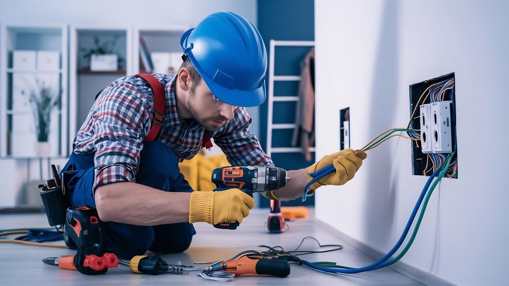 Electrician installing electrical outlet, kneeling on floor, wearing a hard hat, and using a drill.