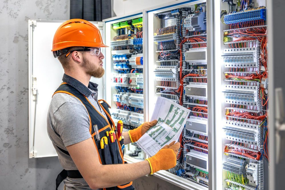 Electrician in hardhat examining blueprints in front of an electrical panel.