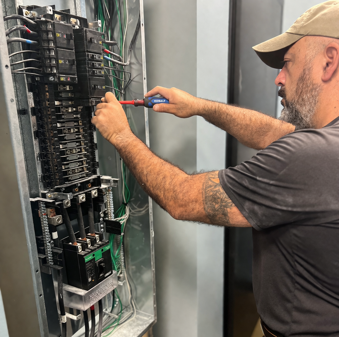 Electrician in blue hard hat, wiring an outlet. Wearing gloves, using a drill, inside a building.