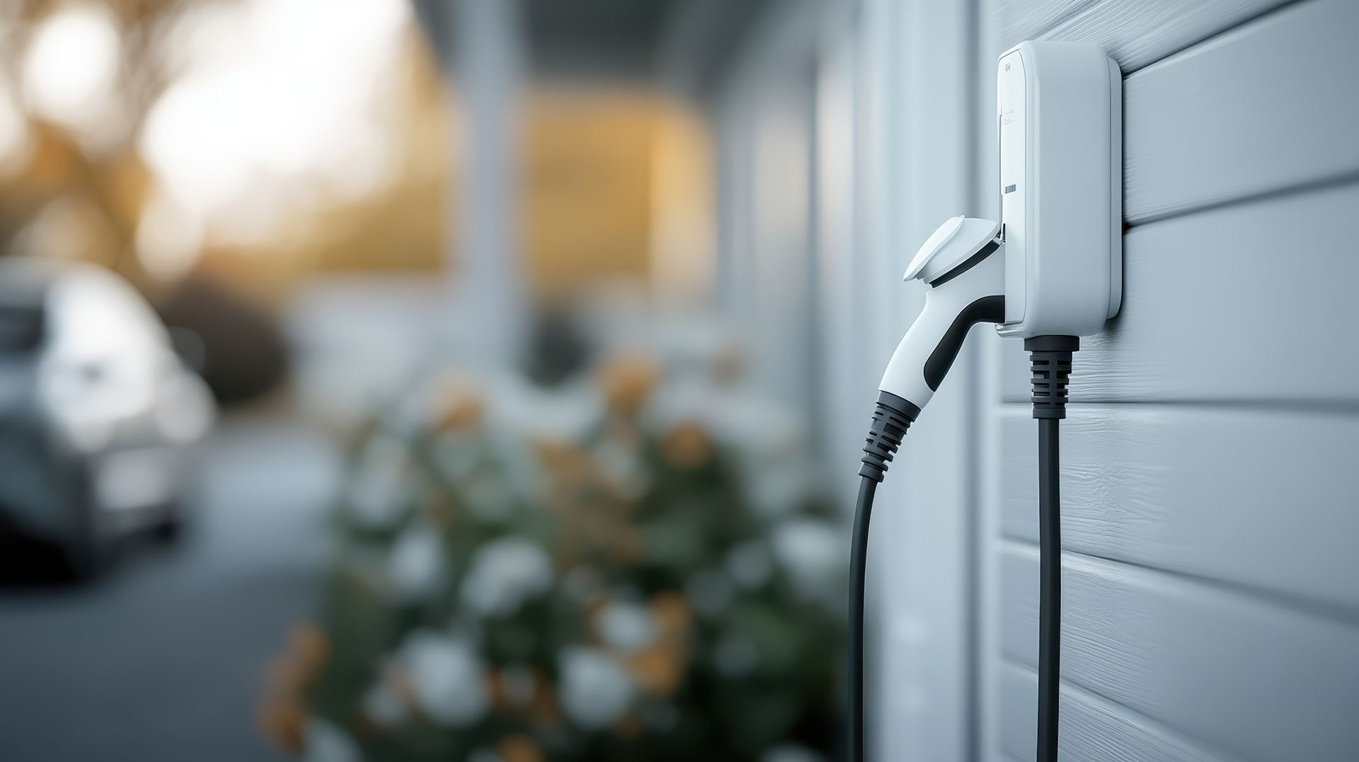 White electric vehicle charging at a wall-mounted EV charger. The charger has a small display screen.