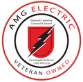 AMG Electric logo: Red and black circle with text, lightning bolt on a shield, 