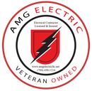 AMG Electric logo: Red and black circle with text, lightning bolt on a shield, 