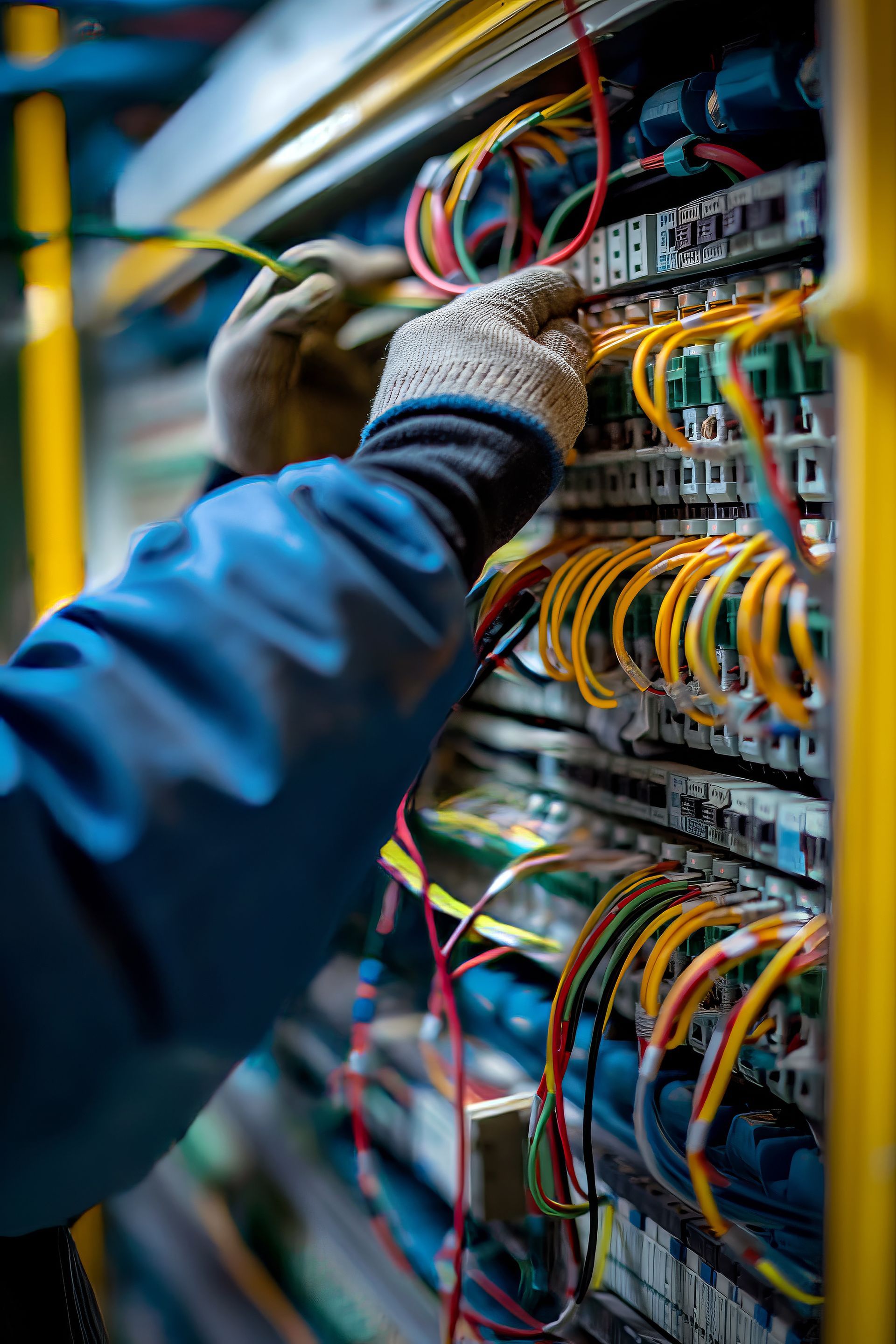 Electrician working on electrical panel, wearing safety gear in a brightly lit setting.