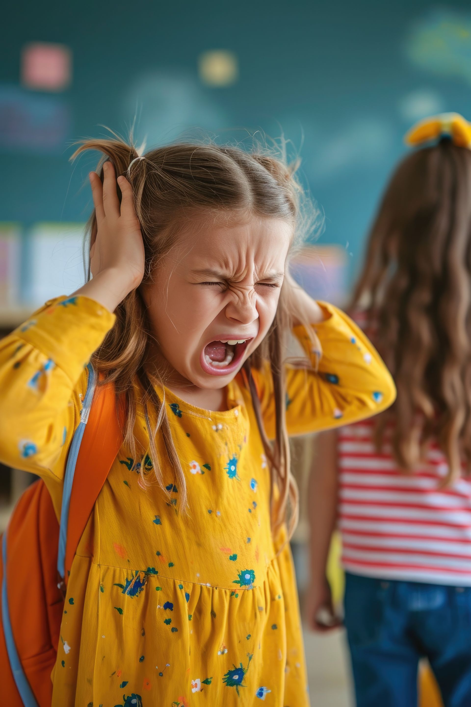 Une fille en robe jaune, les mains sur les oreilles, les yeux fermés, hurle dans une salle de classe.