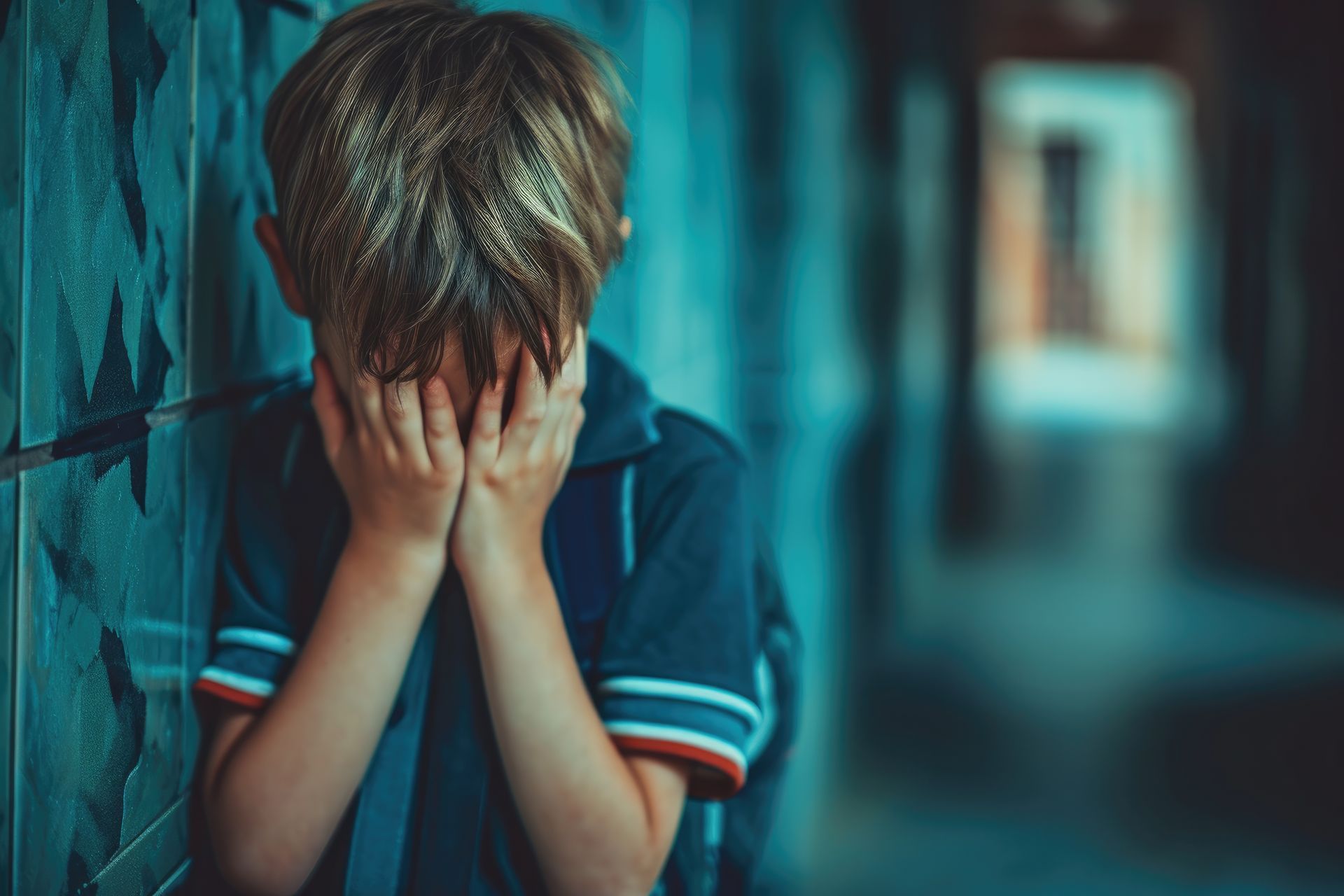 Garçon la tête entre les mains, appuyé contre un mur dans un couloir ; expression de détresse.