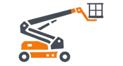 Orange und graue Gelenkteleskoparbeitsbühne mit erhöhter Plattform.