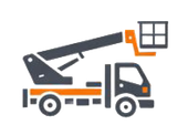 LKW mit verlängerter orange-grauer Hubarbeitsbühne.