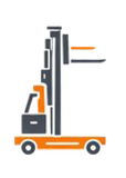 Symbol für einen orangefarbenen und grauen Gabelstapler mit ausgefahrenen Hebegabeln.