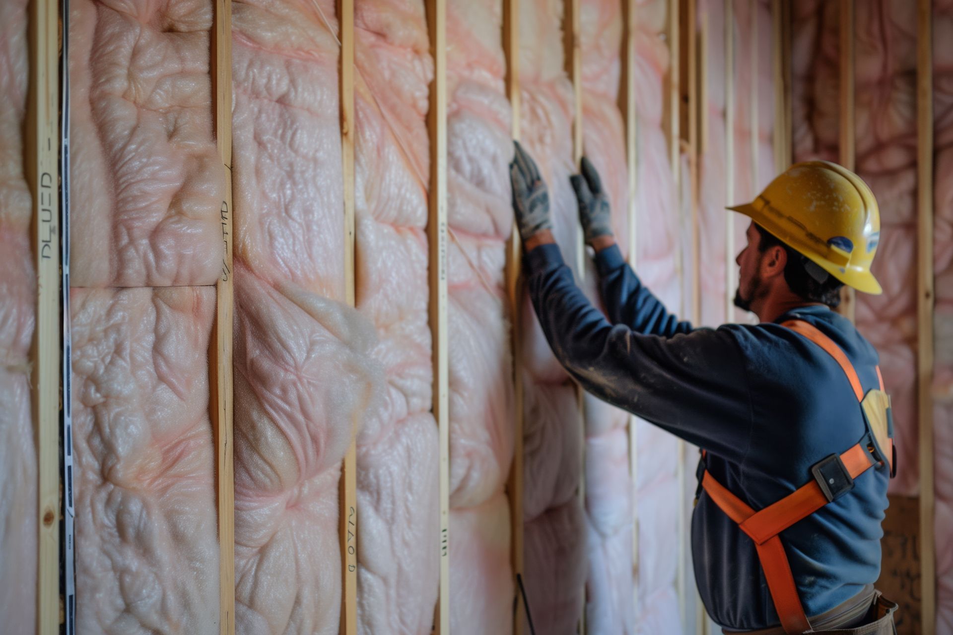 Construction worker installing pink fiberglass insulation between wall studs. Construction worker installing pink fiberglass insulation between wall studs.