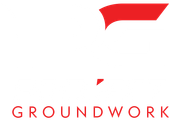 A white logo with red letters that says Project Groundwork