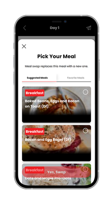 A cell phone with a screenshot of a pick your meal app.