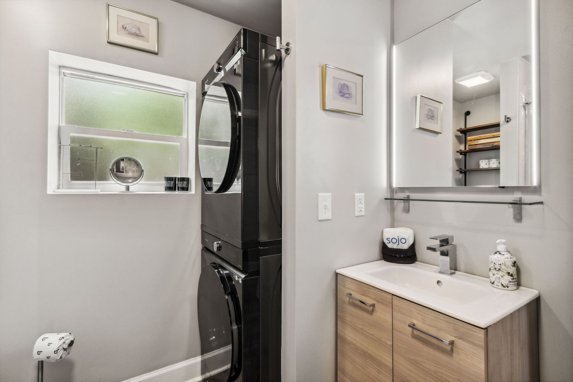 bathroom vanity with glass shelf and a Modern Style Lighted Vanity Mirror 