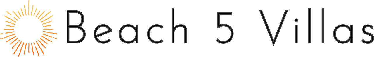 A logo for beach 5 villas with a sun in the background