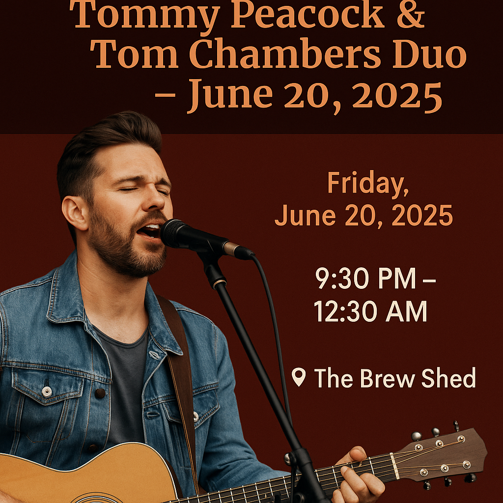 Promotional image of Tommy Peacock performing with guitar and microphone, advertising a live music e