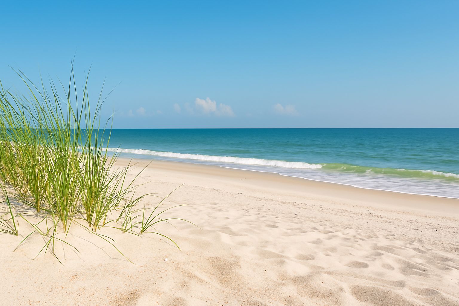 Sunny Amelia Island beach with clear skies and gentle waves