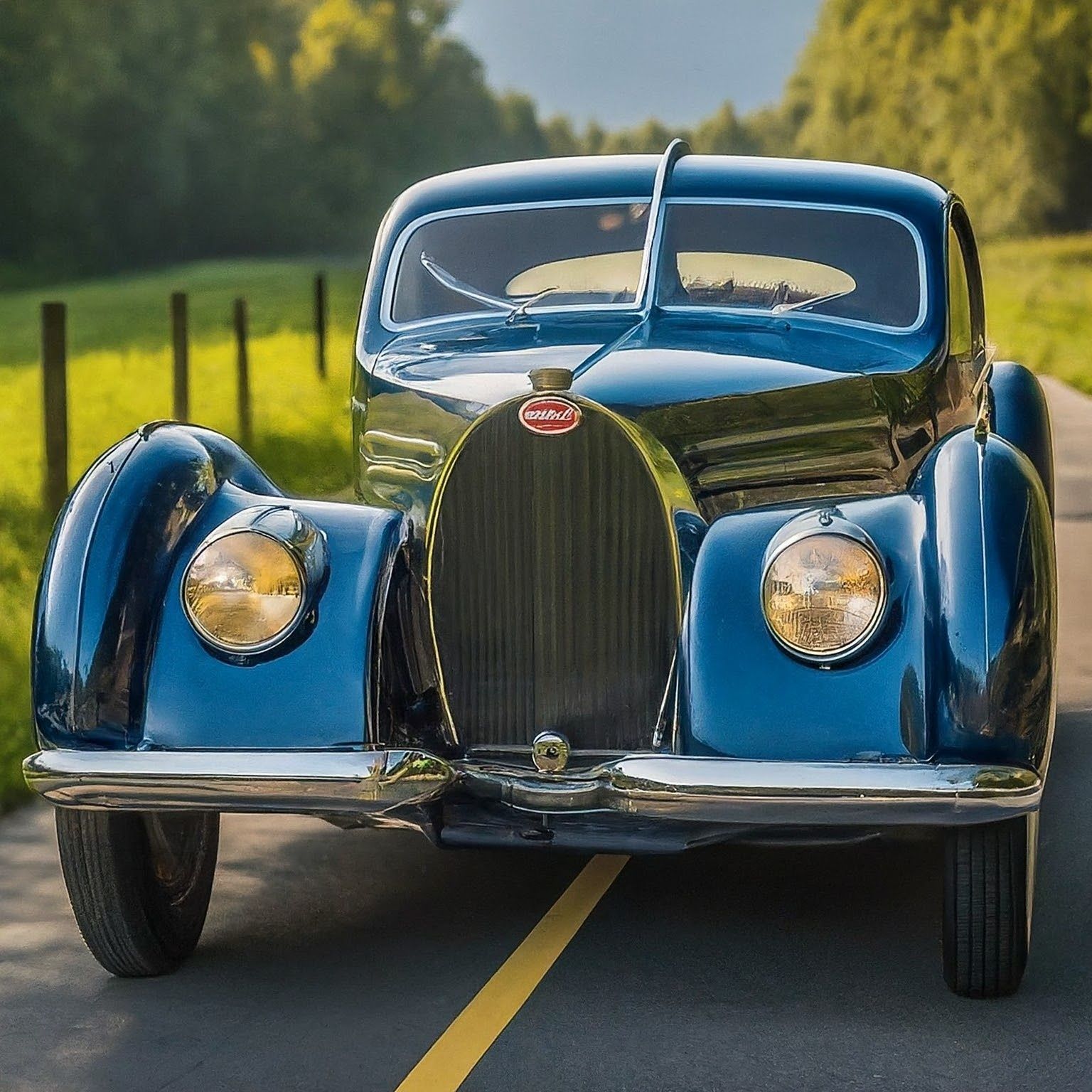 A blue bugatti is parked on the side of a road