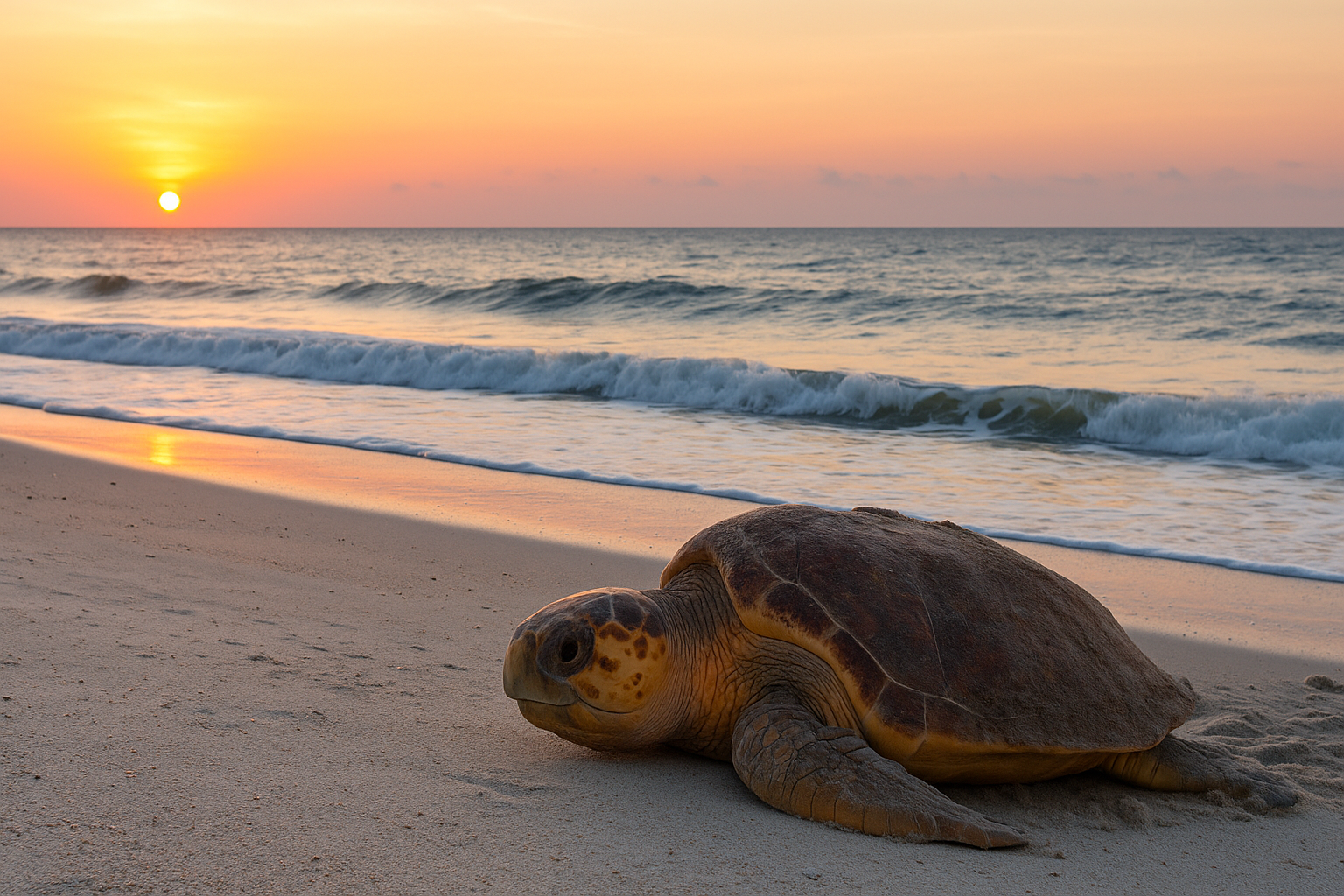 Sea turtle on Amelia Island beach at sunset during nesting season