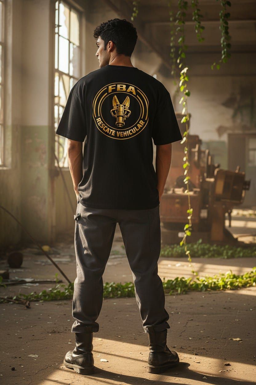 Persona de pie en una habitación industrial, vista de espaldas, con una camiseta negra con un emblema dorado.