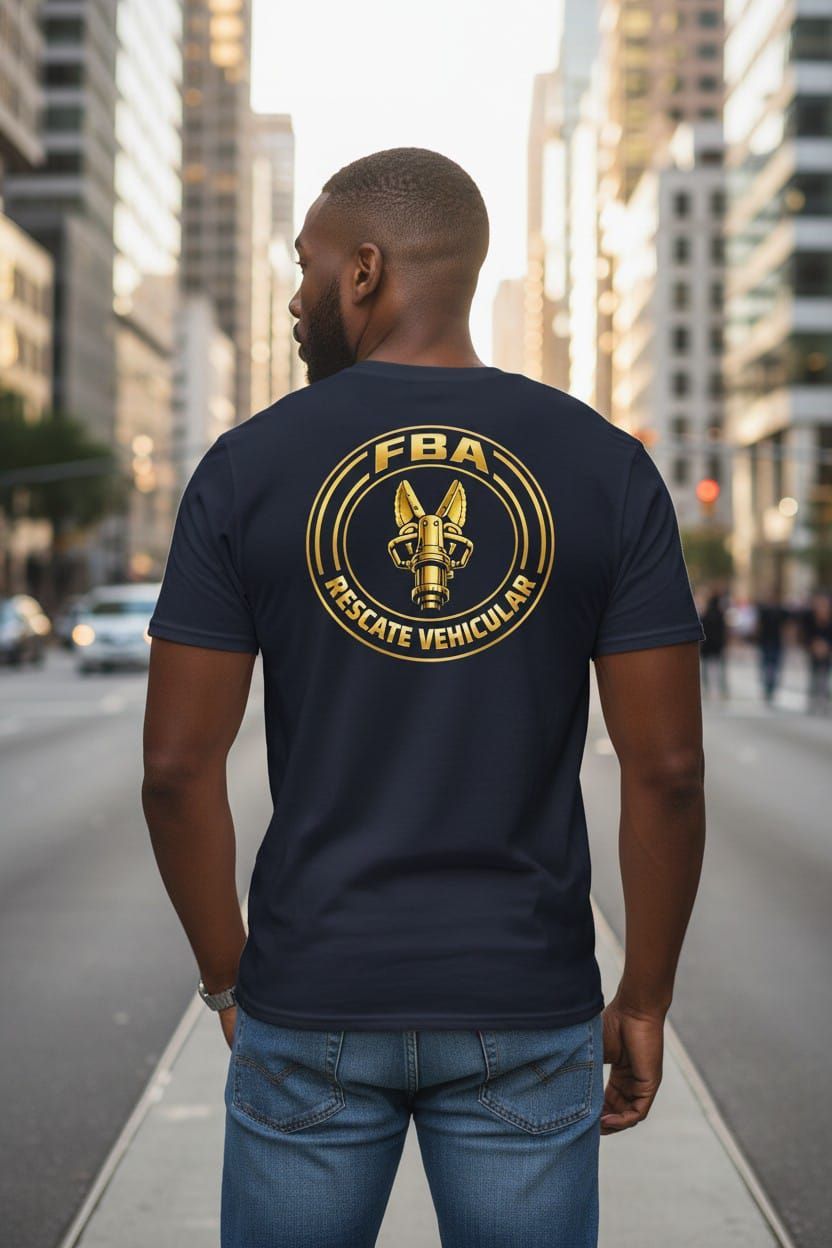 Hombre con camiseta azul marino del FBI con emblema dorado, de pie en una calle de la ciudad con edificios al fondo.
