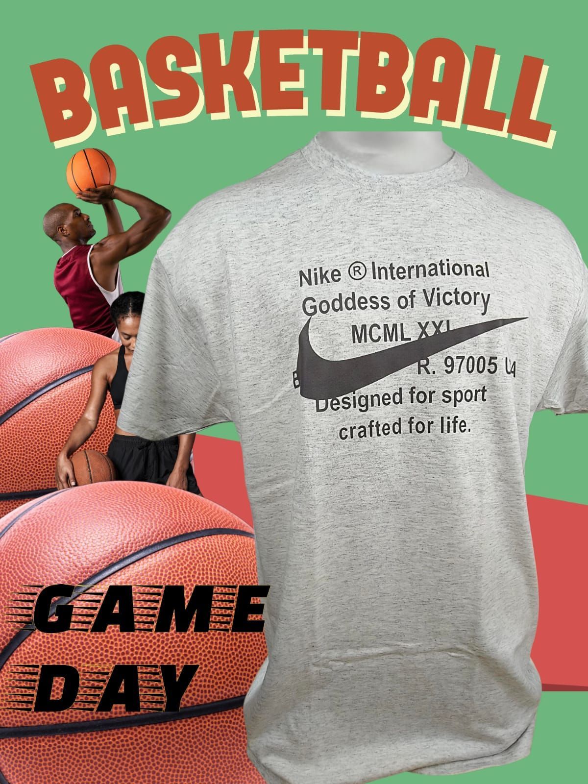 Camiseta gris con temática de baloncesto, letras naranjas y negras y el gráfico de un jugador..
