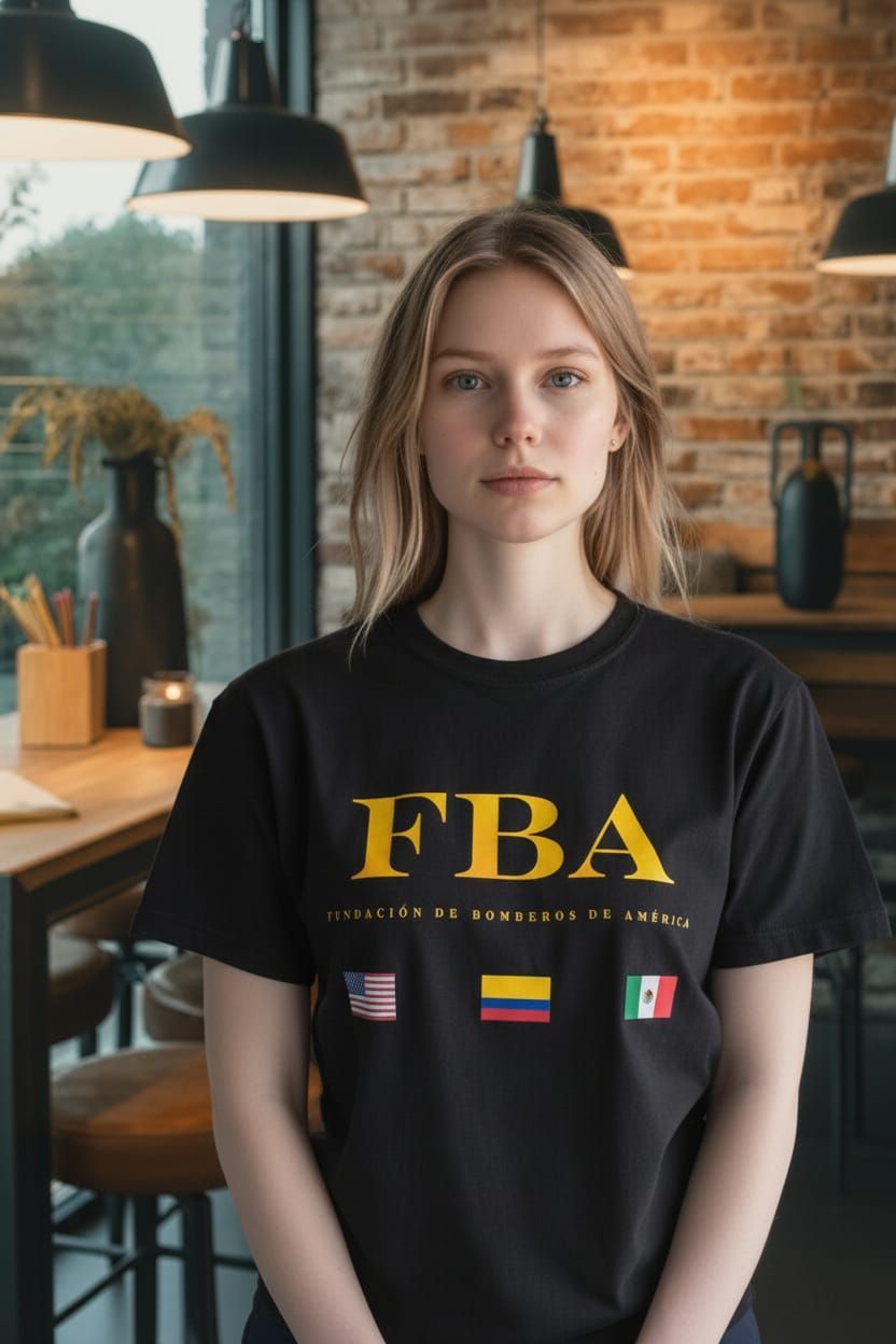 Una mujer sentada en la mesa de un café, vestida con una camiseta negra y vaqueros, con un ordenador portátil .