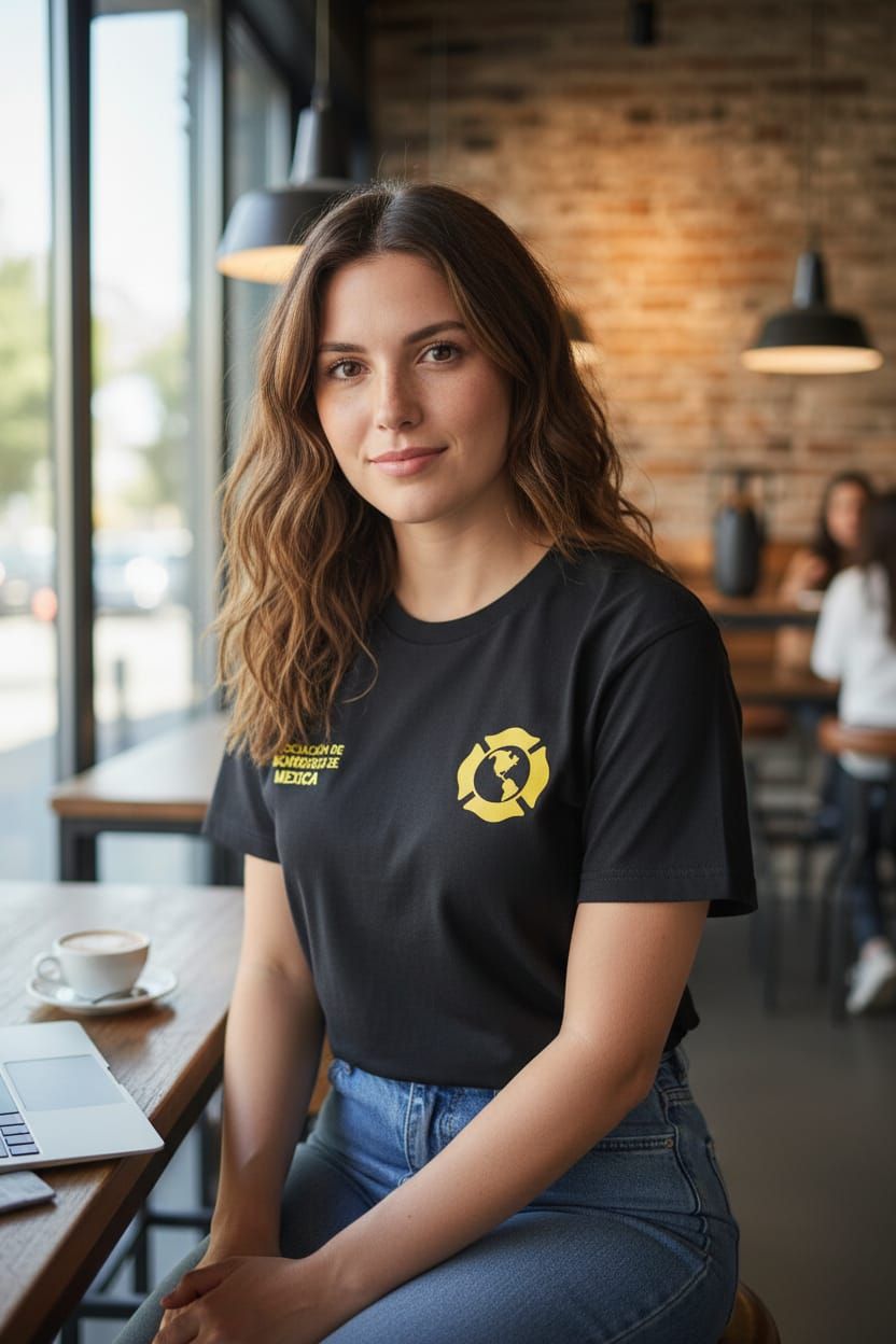 Una mujer sentada en la mesa de un café, vestida con una camiseta negra y vaqueros, con un ordenador portátil .