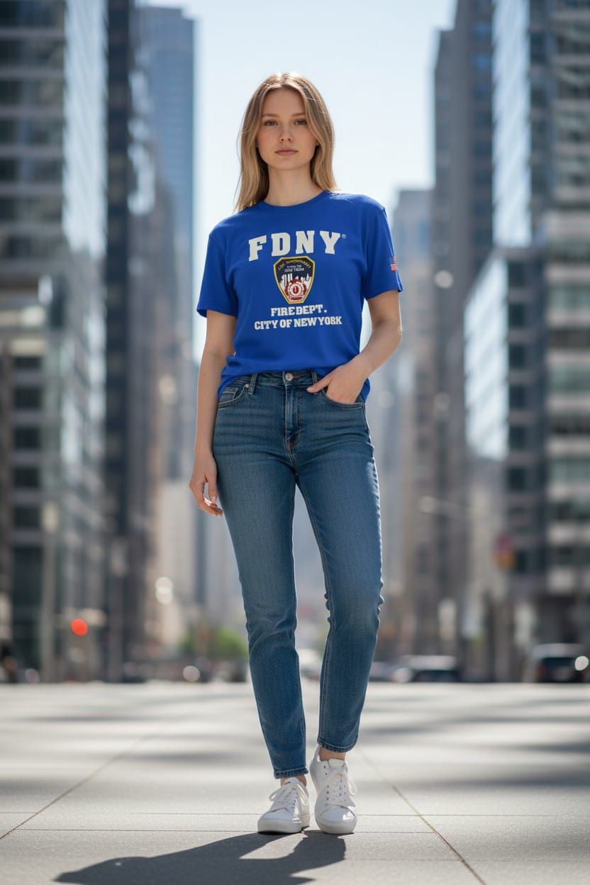 Persona de pie en una calle de la ciudad, vestida con una camiseta azul del Departamento de Bomberos