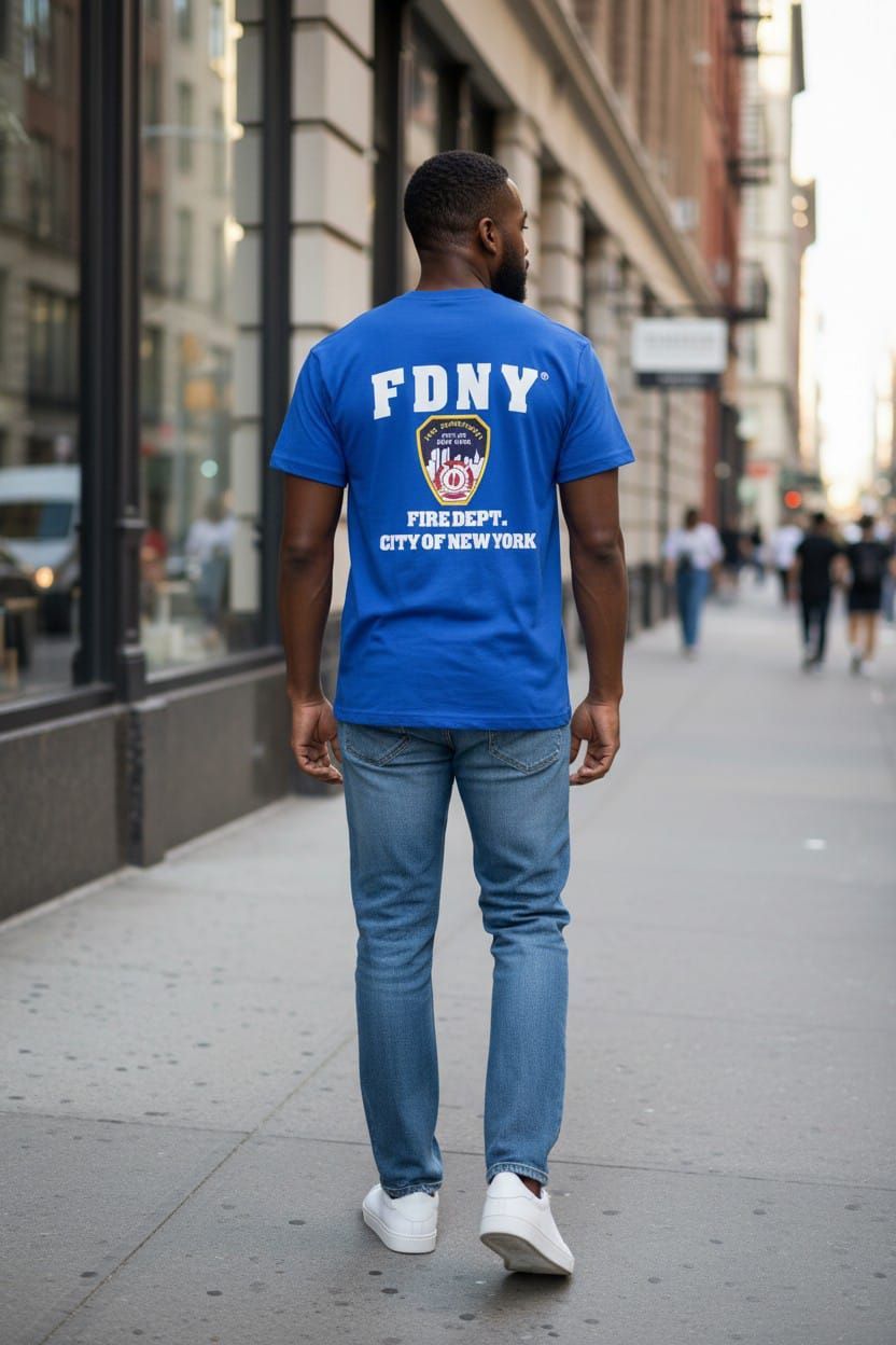 Persona de pie en una calle de la ciudad, vestida con una camiseta azul del Departamento de Bomberos