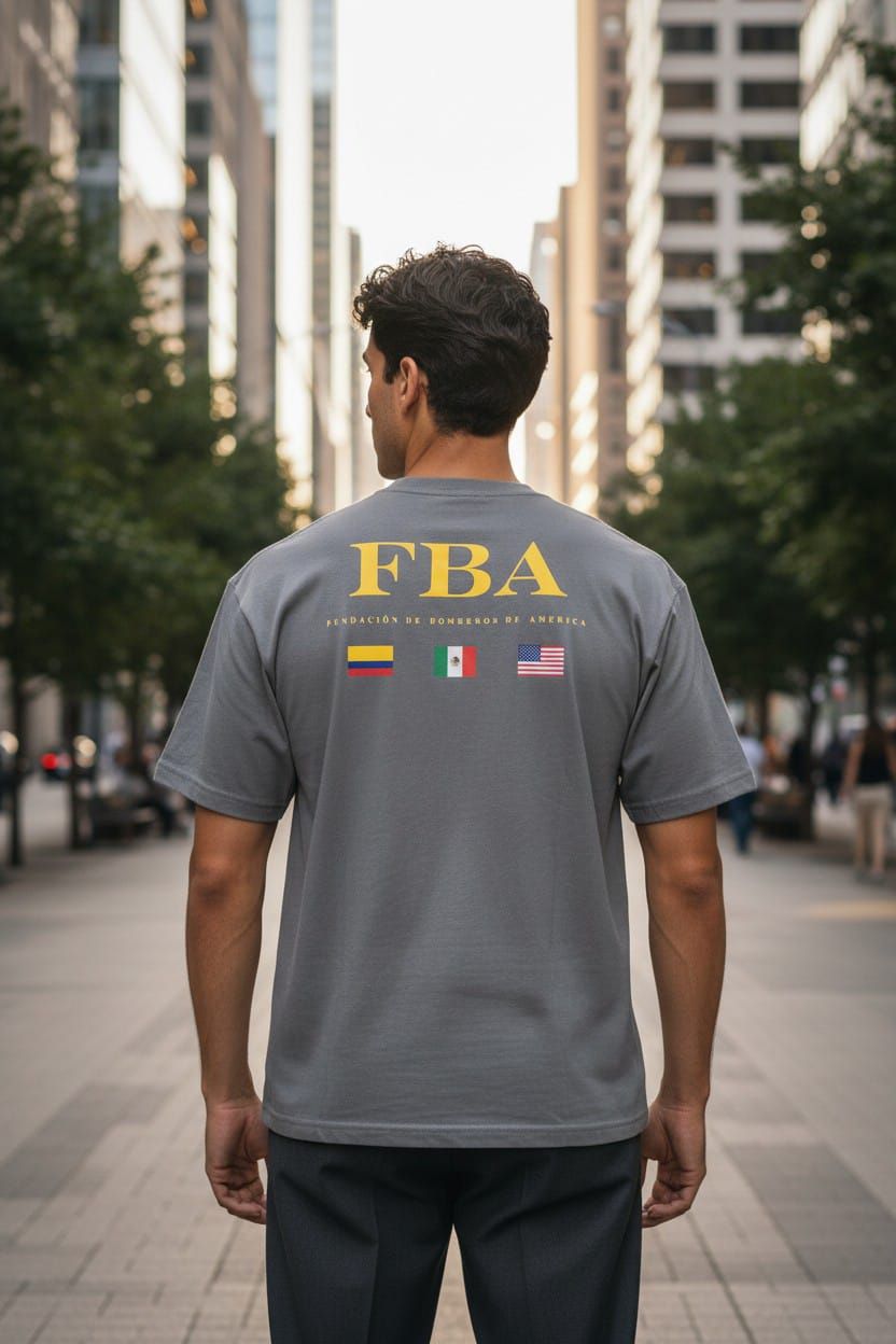 Hombre de pie en una calle de la ciudad, visto de espaldas, con una camiseta gris de la FBA con pequeñas banderas.