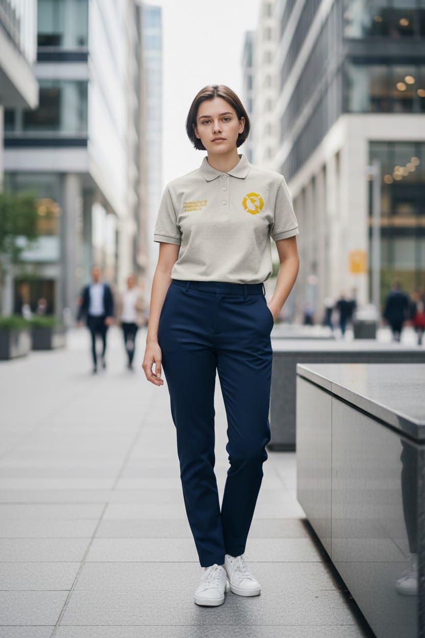 Una persona vestida con un polo beige y pantalones azul marino camina por una acera de la ciudad entre edificios altos.